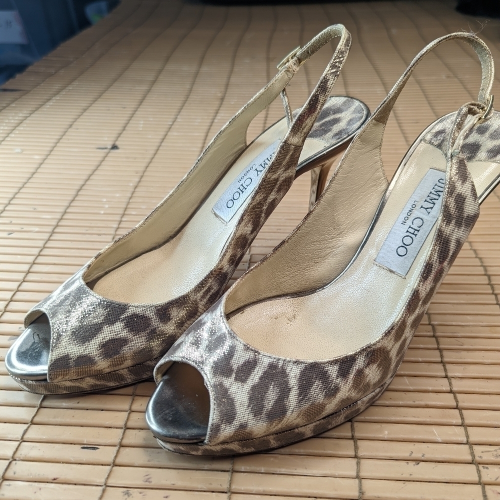 Jimmy Choo metallic mirror stiletto 4" heels, Open Toe Pumps Slingback Leopard W